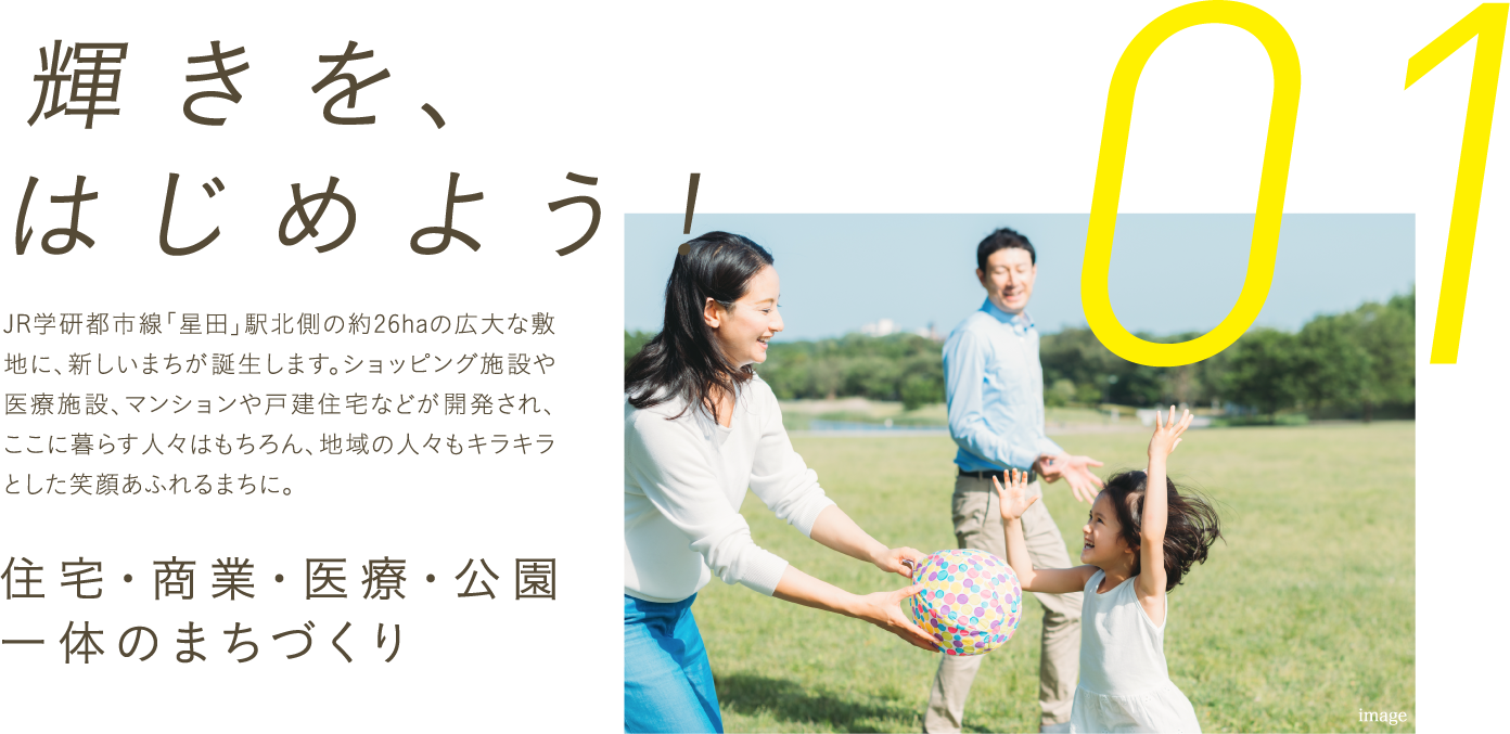 「輝き」を、はじめよう！JR「星田」駅前、約26haの広大な敷地に新しいまちが誕生します。「シエリアシティ星田駅前」をはじめ、戸建住宅、ショッピング施設や医療施設が集積。多彩な公園、フラットな街区設計とあいまって、みんなの笑顔がキラキラと輝く環境です。住宅・商業・医療・公園　一体のまちづくり