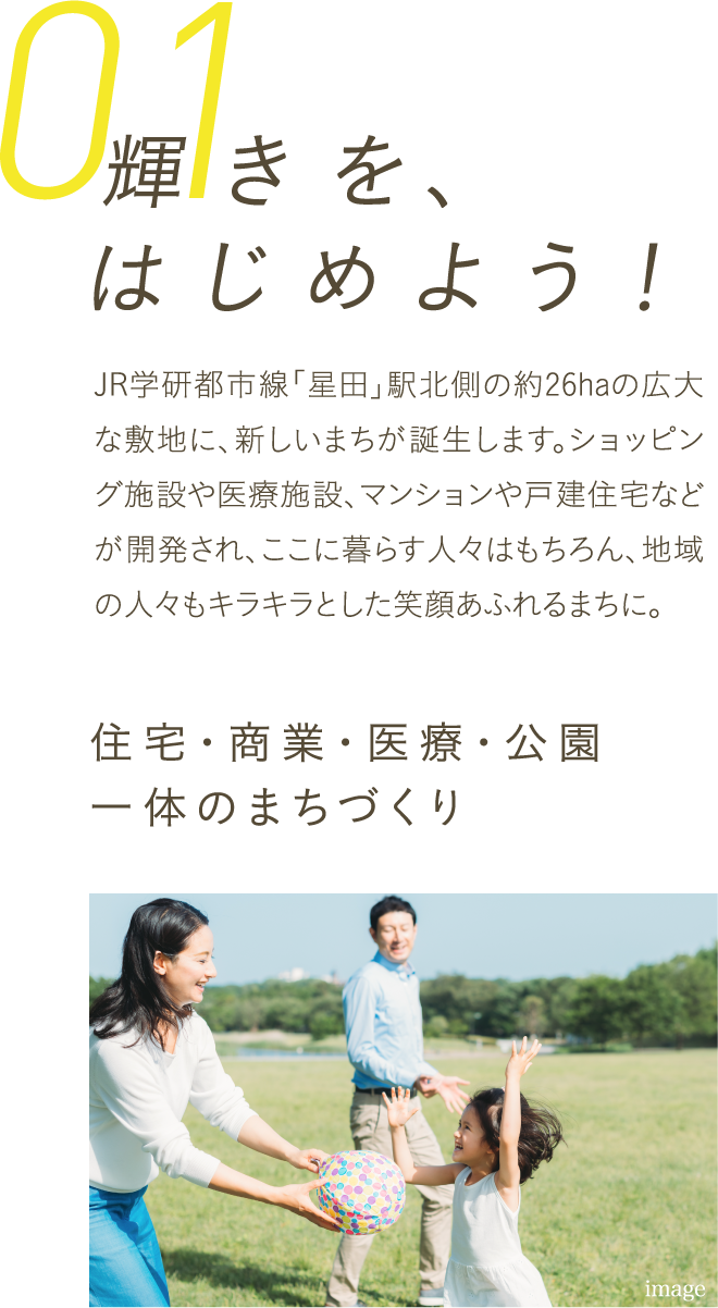 「輝き」を、はじめよう！JR「星田」駅前、約26haの広大な敷地に新しいまちが誕生します。「シエリアシティ星田駅前」をはじめ、戸建住宅、ショッピング施設や医療施設が集積。多彩な公園、フラットな街区設計とあいまって、みんなの笑顔がキラキラと輝く環境です。住宅・商業・医療・公園　一体のまちづくり