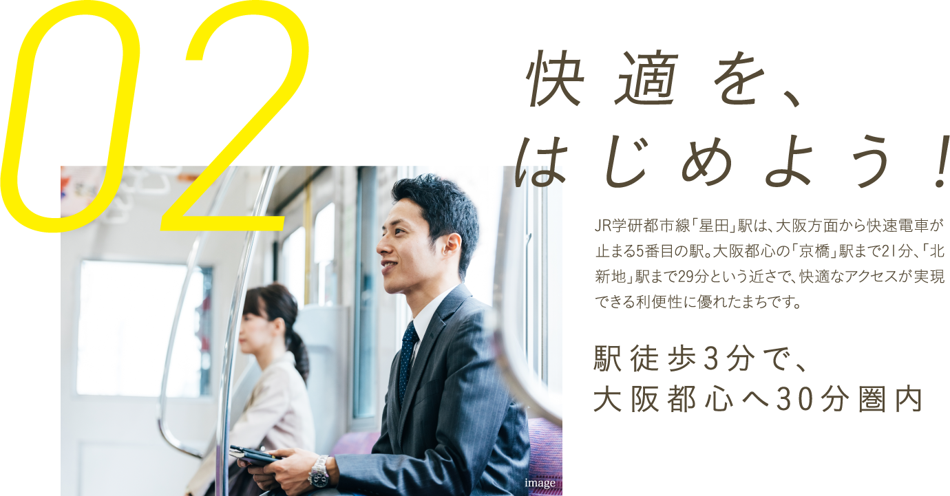 「ここちいい」を、はじめよう！JR「星田」駅へ徒歩3分。同駅から大阪都心の「京橋」駅へ、快速電車で4駅、直通21分。「北新地」駅へも29分という近さ。高速道路の出入口も近く、快適なアクセスです。駅徒歩3分で、大阪都心へ30分圏内