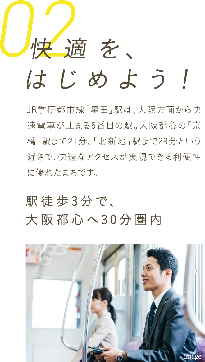 「ここちいい」を、はじめよう！JR「星田」駅へ徒歩3分。同駅から大阪都心の「京橋」駅へ、快速電車で4駅、直通21分。「北新地」駅へも29分という近さ。高速道路の出入口も近く、快適なアクセスです。駅徒歩3分で、大阪都心へ30分圏内