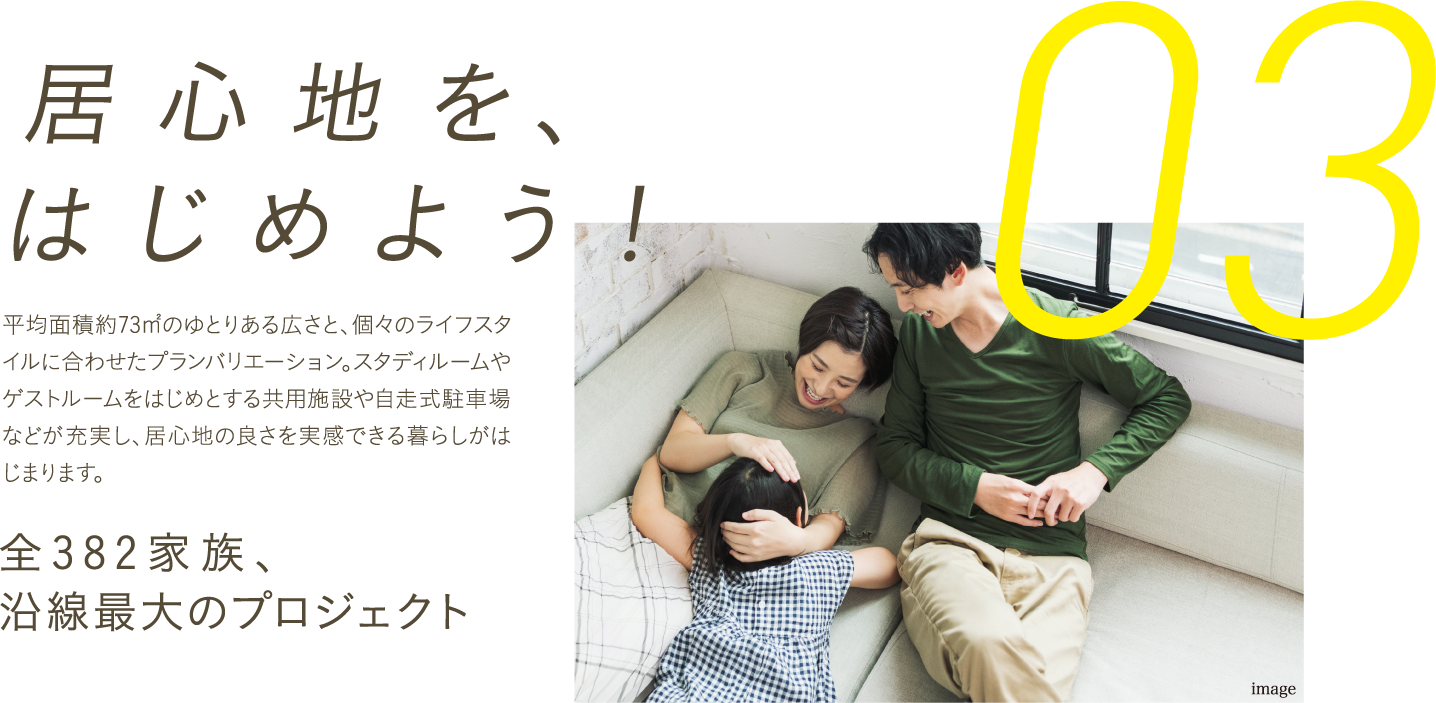 「うつくしい」を、はじめよう！交野市の自然をモチーフにした、駅前の新ランドマーク。躍動感あふれる佇まいの中には、ラウンジ、スタディールーム、ゲストルームなどの共用施設、自走式駐車場も充実しています。住まいは平均面積約73㎡の広さと多彩なプラン。ご家族それぞれのうつくしいライフスタイルをかなえます。全382家族、沿線最大のプロジェクト