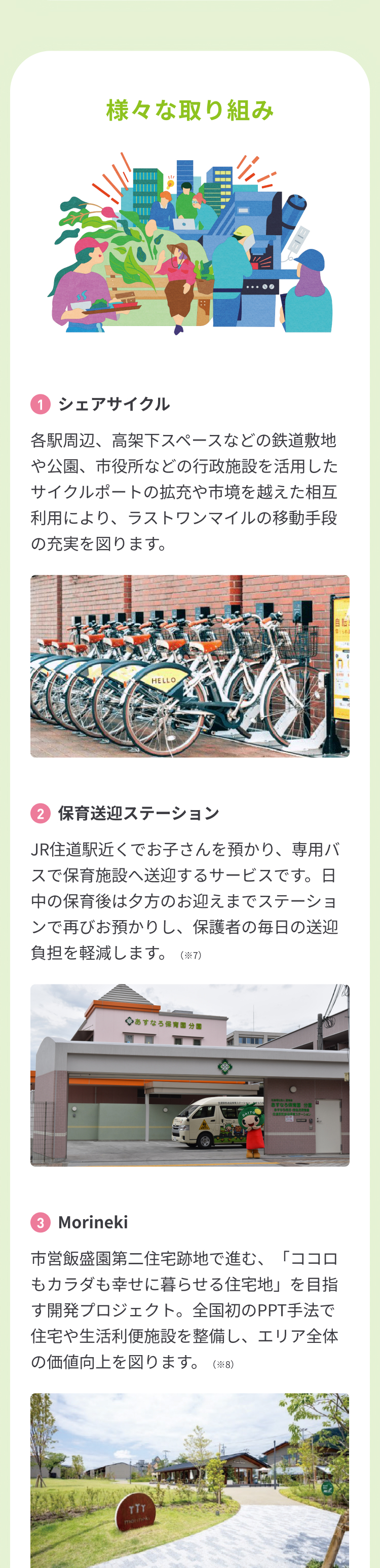 1. シェアサイクル 各駅周辺、高架下スペースなどの鉄道敷地や公園、市役所などの行政施設を活用したサイクルポートの拡充や市境を越えた相互利用により、ラストワンマイルの移動手段の充実を図ります。 2.保育送迎ステーション JR住道駅近くでお子さんを預かり、専用バスで保育施設へ送迎するサービスです。日中の保育後は夕方のお迎えまでステーションで再びお預かりし、保護者の毎日の送迎負担を軽減します。（※7） 3.Morineki 市営飯盛園第二住宅跡地で進む、「ココロもカラダも幸せに暮らせる住宅地」を目指す開発プロジェクト。全国初のPPT手法で住宅や生活利便施設を整備し、エリア全体の価値向上を図ります。（※8）