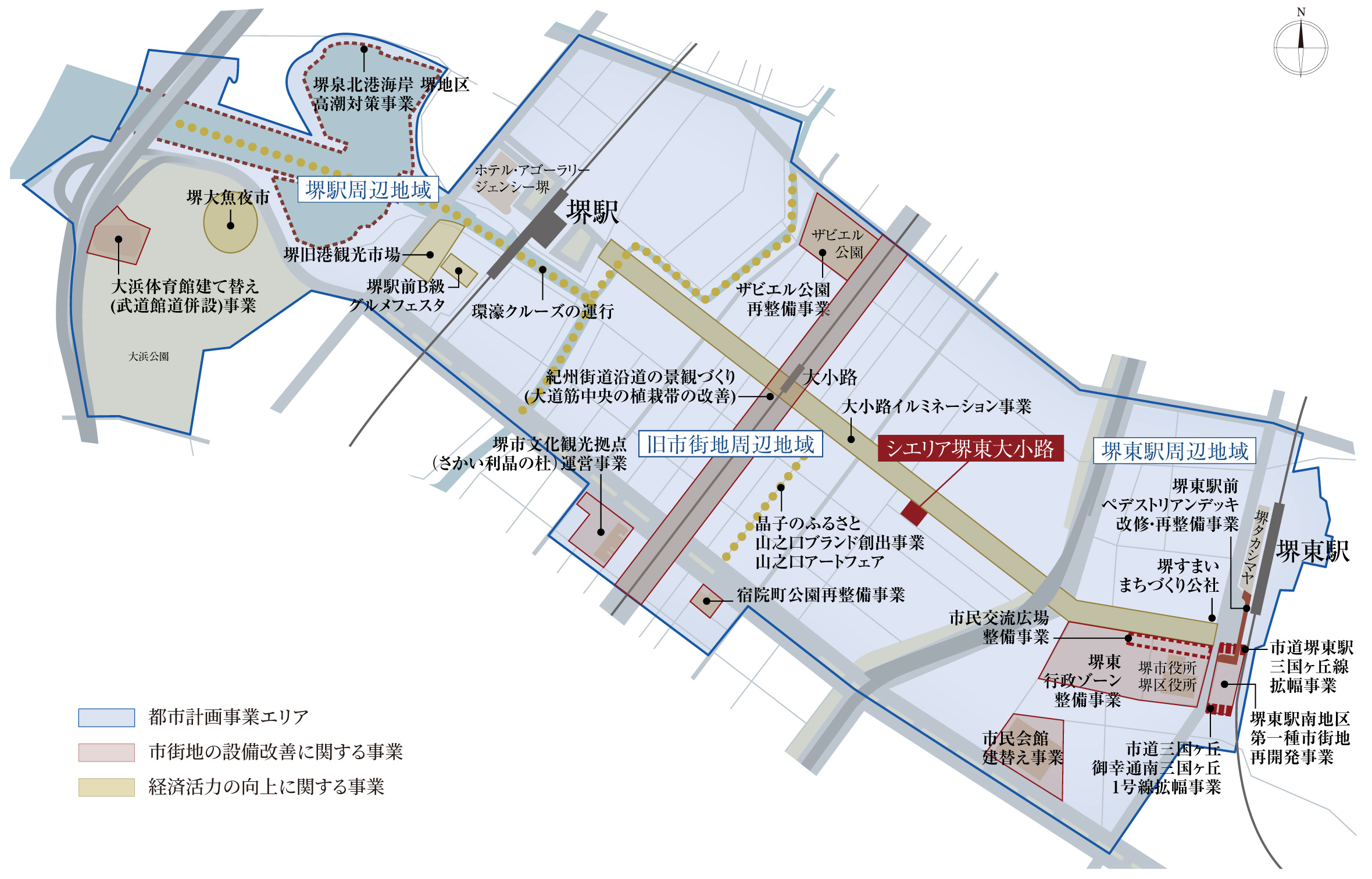 都市計画概念図（堺市中心市街地活性化基本計画を元に作成）